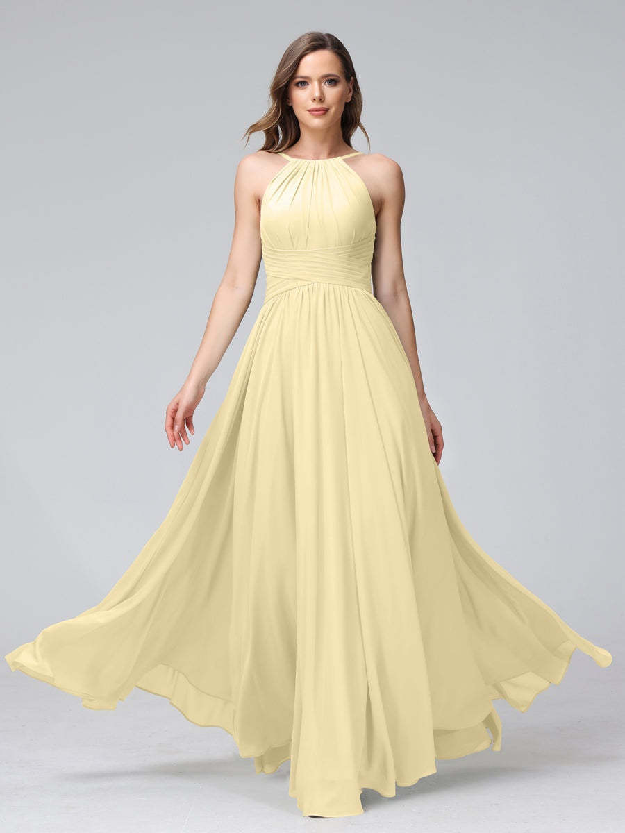 Floor-Length Halter Sleeveless A-Line/Princess Bridesmaid Dresses with Ruffles