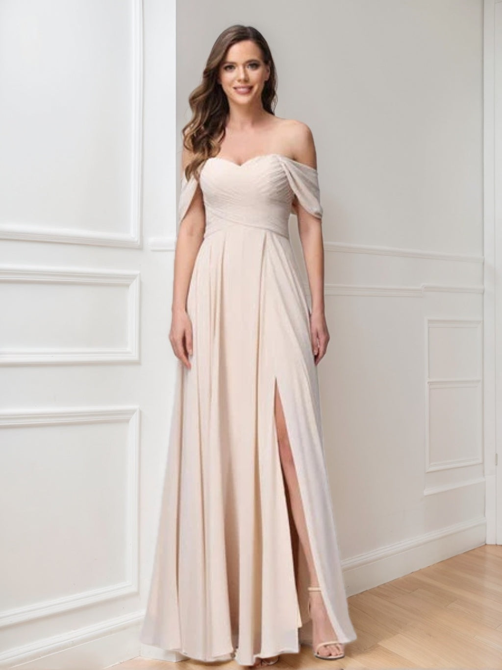 Princess A-Line Floor-Length Sleeveless Bridesmaid Dresses with Off-the-Shoulder Neckline, Side Split & Ruched Detail-BMbridal.UK