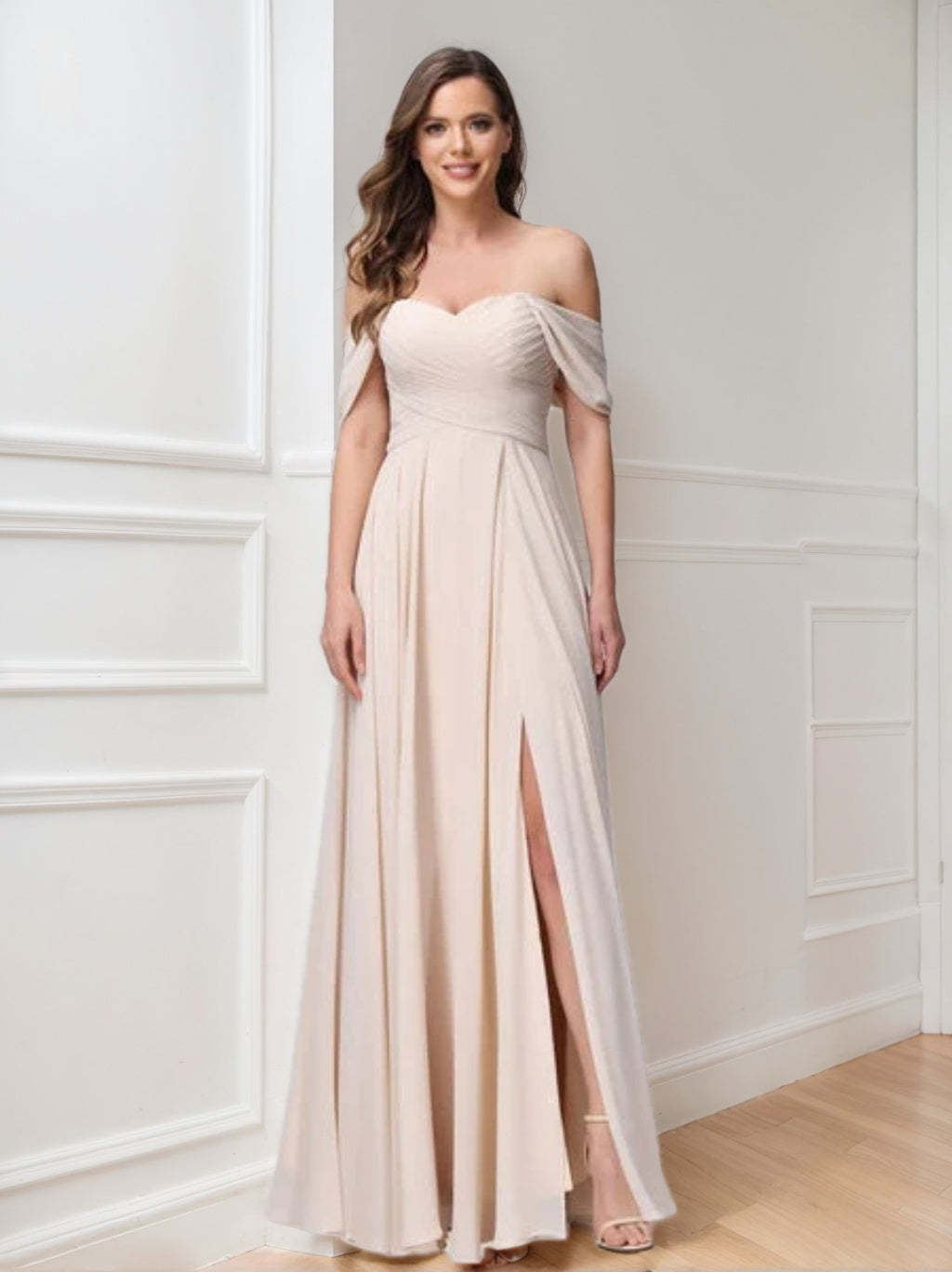 Princess A-Line Floor-Length Sleeveless Bridesmaid Dresses with Off-the-Shoulder Neckline, Side Split & Ruched Detail-BMbridal.UK