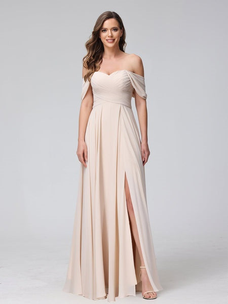 Princess A-Line Floor-Length Sleeveless Bridesmaid Dresses with Off-the-Shoulder Neckline, Side Split & Ruched Detail-BMbridal.UK