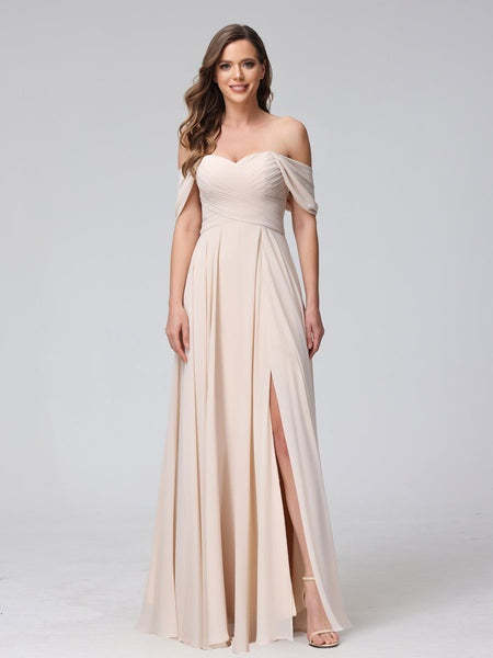 Princess A-Line Floor-Length Sleeveless Bridesmaid Dresses with Off-the-Shoulder Neckline, Side Split & Ruched Detail-BMbridal.UK