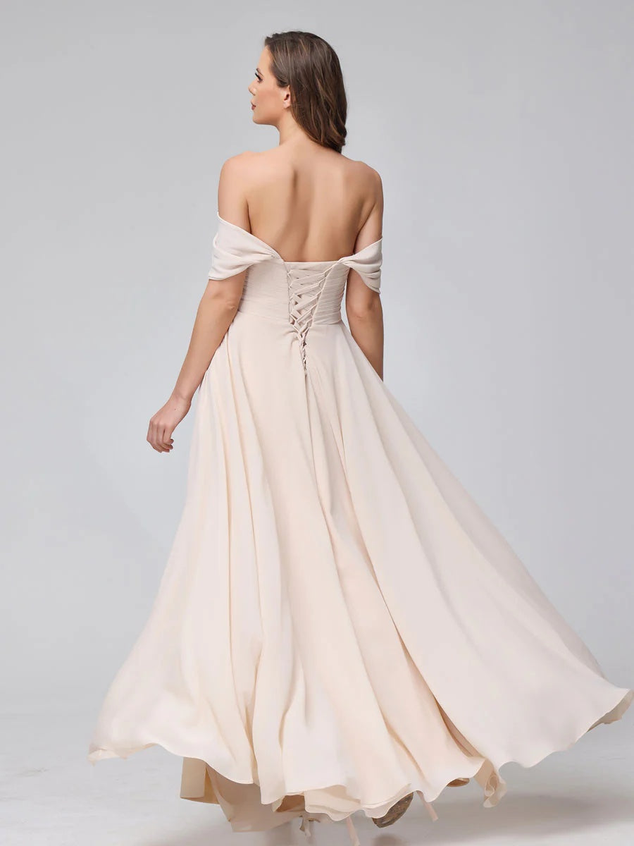 Princess A-Line Floor-Length Sleeveless Bridesmaid Dresses with Off-the-Shoulder Neckline, Side Split & Ruched Detail-BMbridal.UK