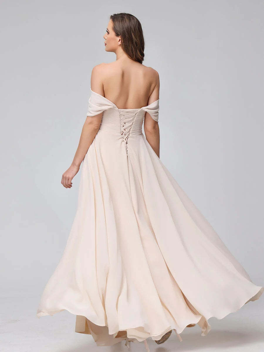 Princess A-Line Floor-Length Sleeveless Bridesmaid Dresses with Off-the-Shoulder Neckline, Side Split & Ruched Detail-BMbridal.UK