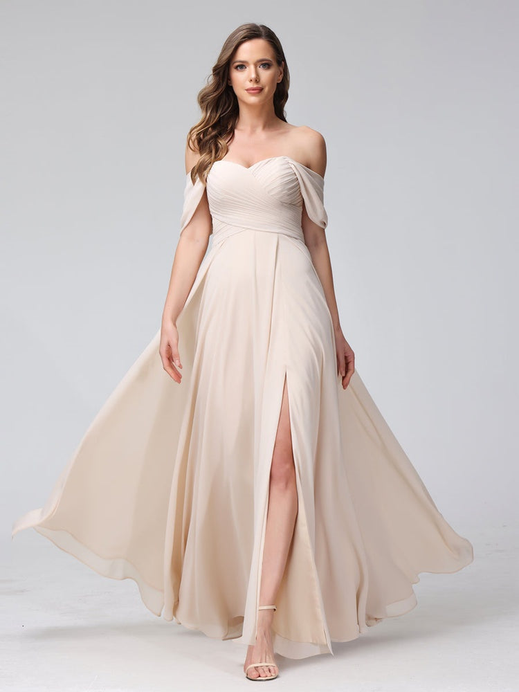 Princess A-Line Floor-Length Sleeveless Bridesmaid Dresses with Off-the-Shoulder Neckline, Side Split & Ruched Detail-BMbridal.UK