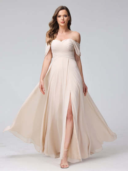 Princess A-Line Floor-Length Sleeveless Bridesmaid Dresses with Off-the-Shoulder Neckline, Side Split & Ruched Detail-BMbridal.UK