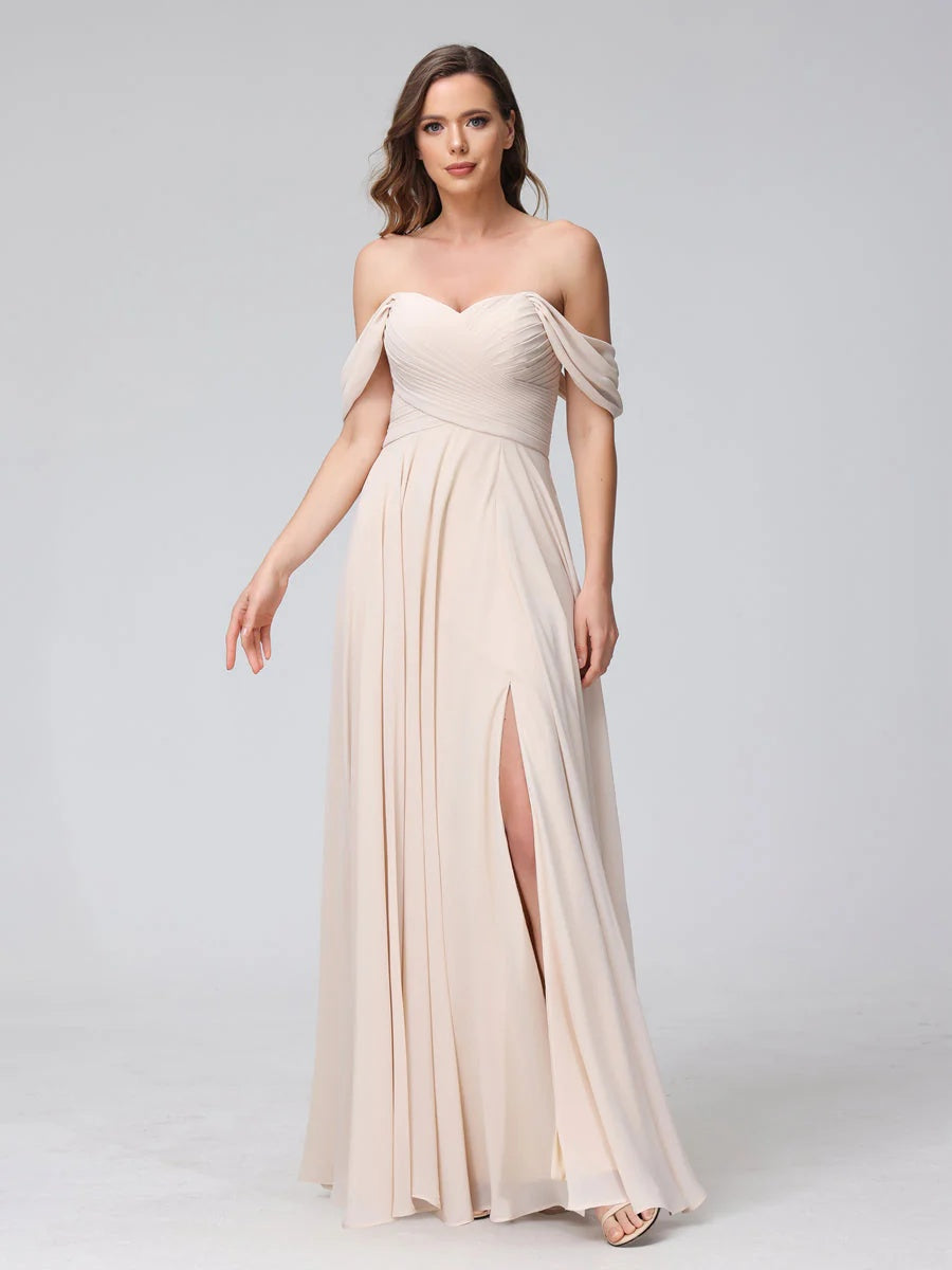 Princess A-Line Floor-Length Sleeveless Bridesmaid Dresses with Off-the-Shoulder Neckline, Side Split & Ruched Detail-BMbridal.UK