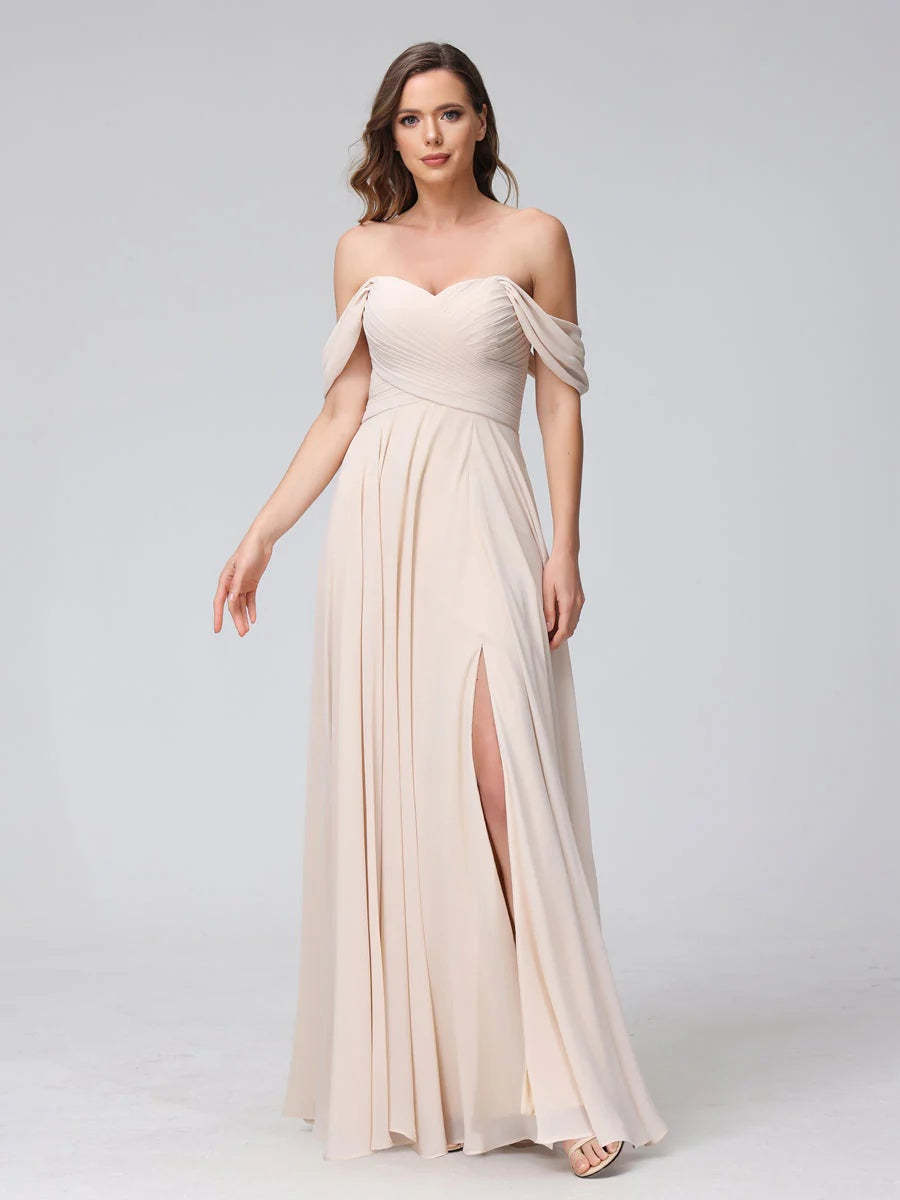 Princess A-Line Floor-Length Sleeveless Bridesmaid Dresses with Off-the-Shoulder Neckline, Side Split & Ruched Detail-BMbridal.UK
