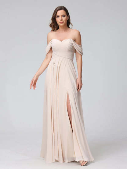 Princess A-Line Floor-Length Sleeveless Bridesmaid Dresses with Off-the-Shoulder Neckline, Side Split & Ruched Detail-BMbridal.UK