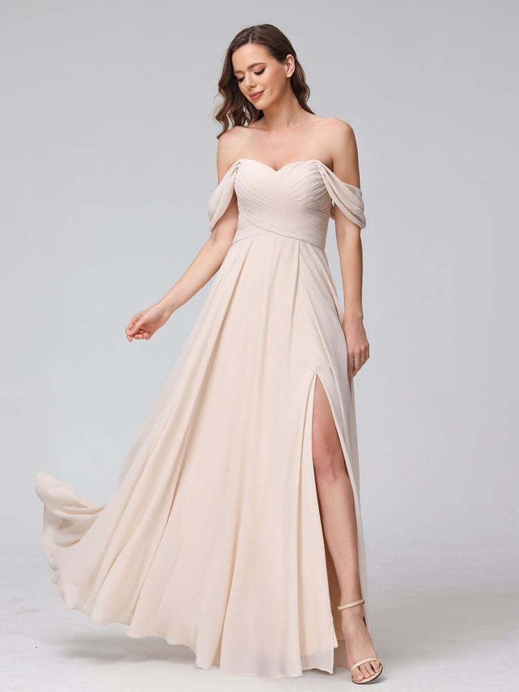 Princess A-Line Floor-Length Sleeveless Bridesmaid Dresses with Off-the-Shoulder Neckline, Side Split & Ruched Detail-BMbridal.UK