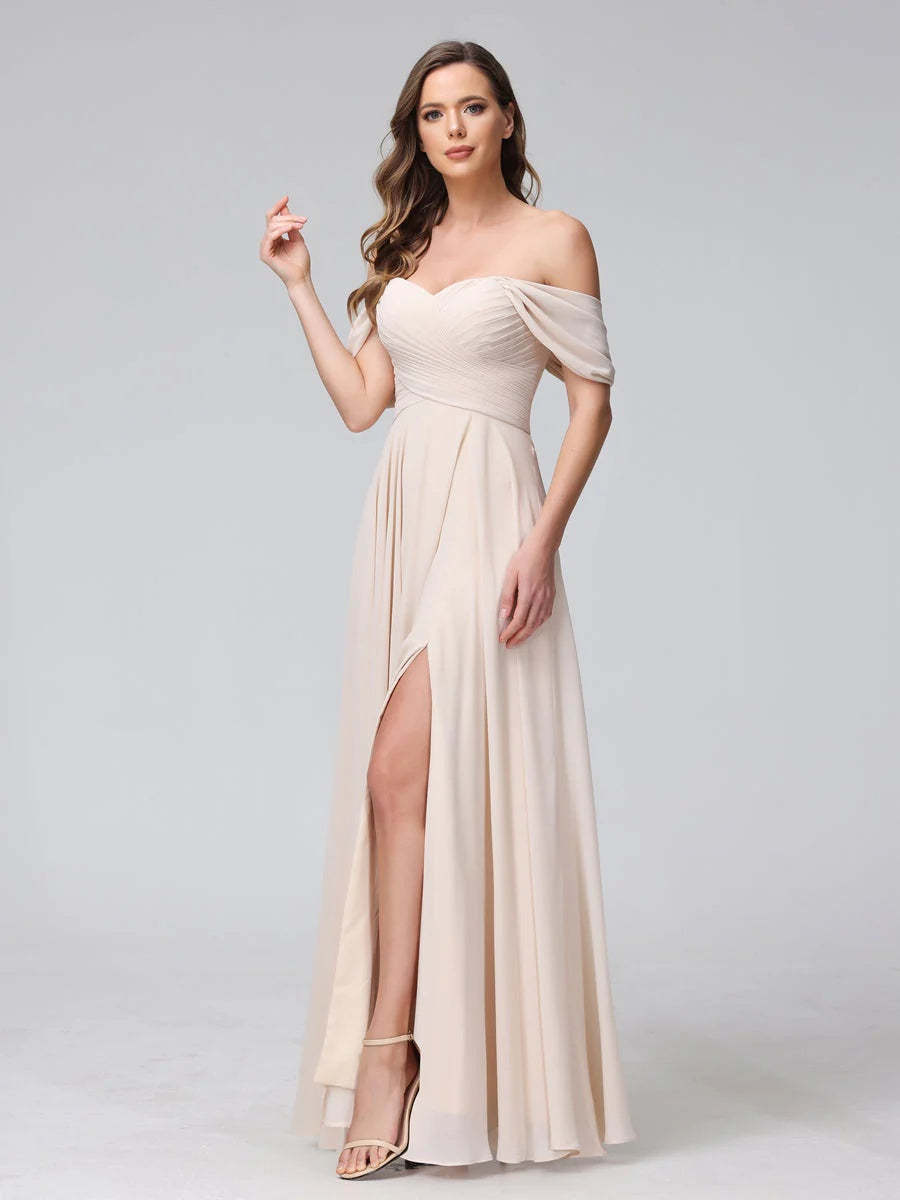 Princess A-Line Floor-Length Sleeveless Bridesmaid Dresses with Off-the-Shoulder Neckline, Side Split & Ruched Detail-BMbridal.UK