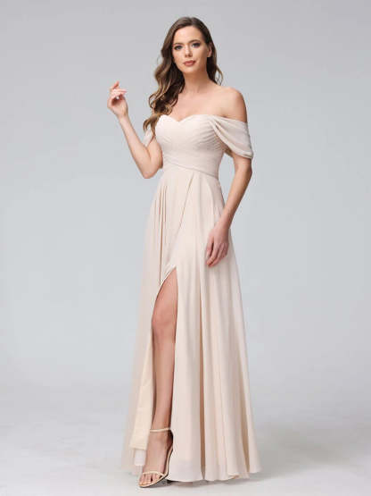 Princess A-Line Floor-Length Sleeveless Bridesmaid Dresses with Off-the-Shoulder Neckline, Side Split & Ruched Detail-BMbridal.UK