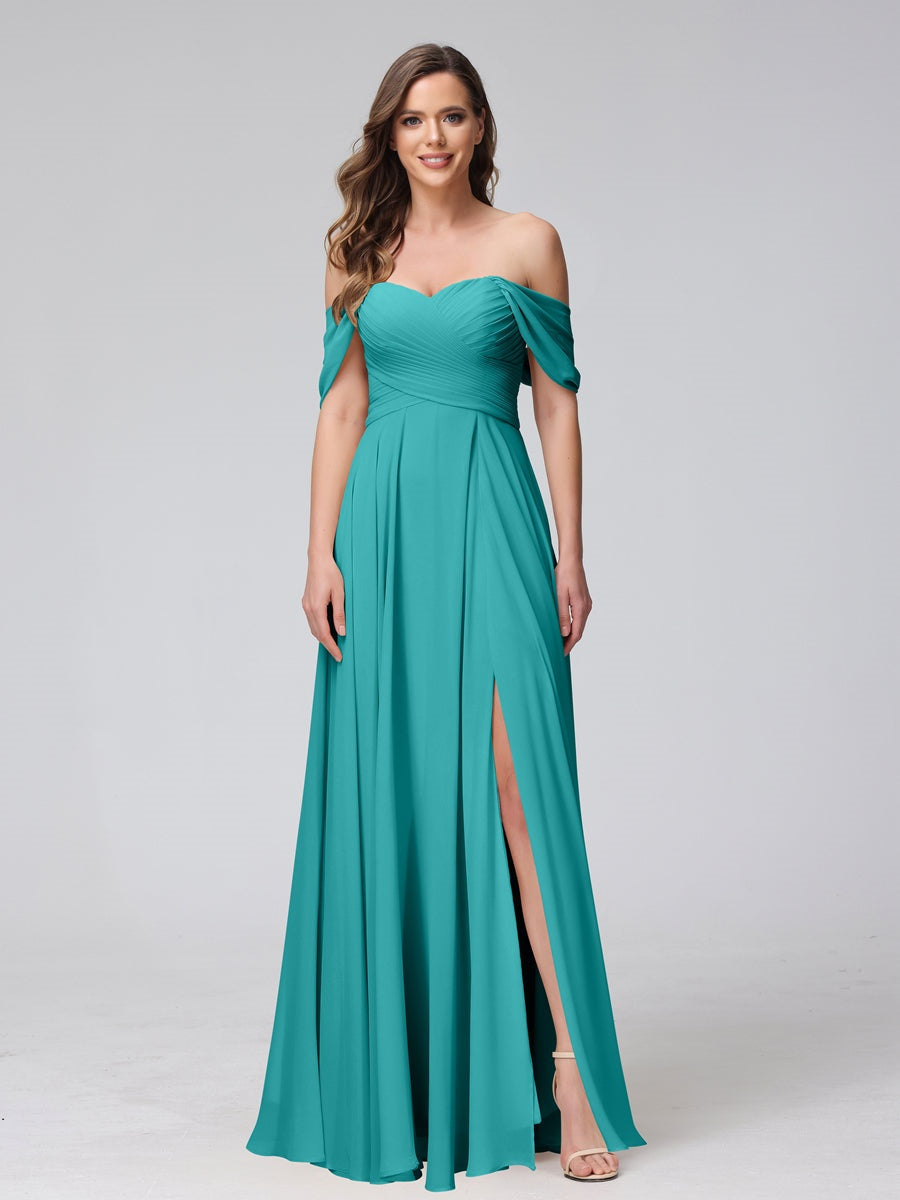 Princess A-Line Floor-Length Sleeveless Bridesmaid Dresses with Off-the-Shoulder Neckline, Side Split & Ruched Detail-BMbridal.UK
