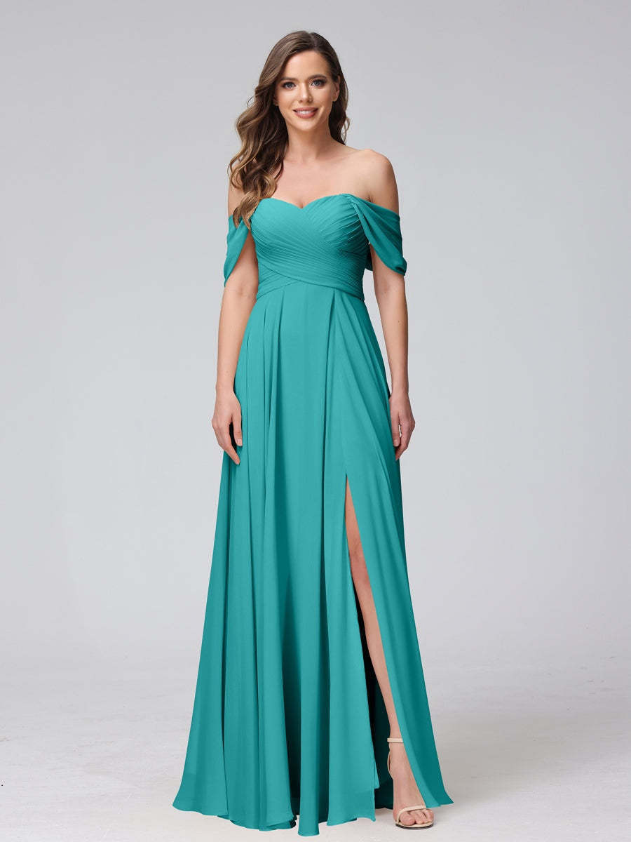 Princess A-Line Floor-Length Sleeveless Bridesmaid Dresses with Off-the-Shoulder Neckline, Side Split & Ruched Detail-BMbridal.UK