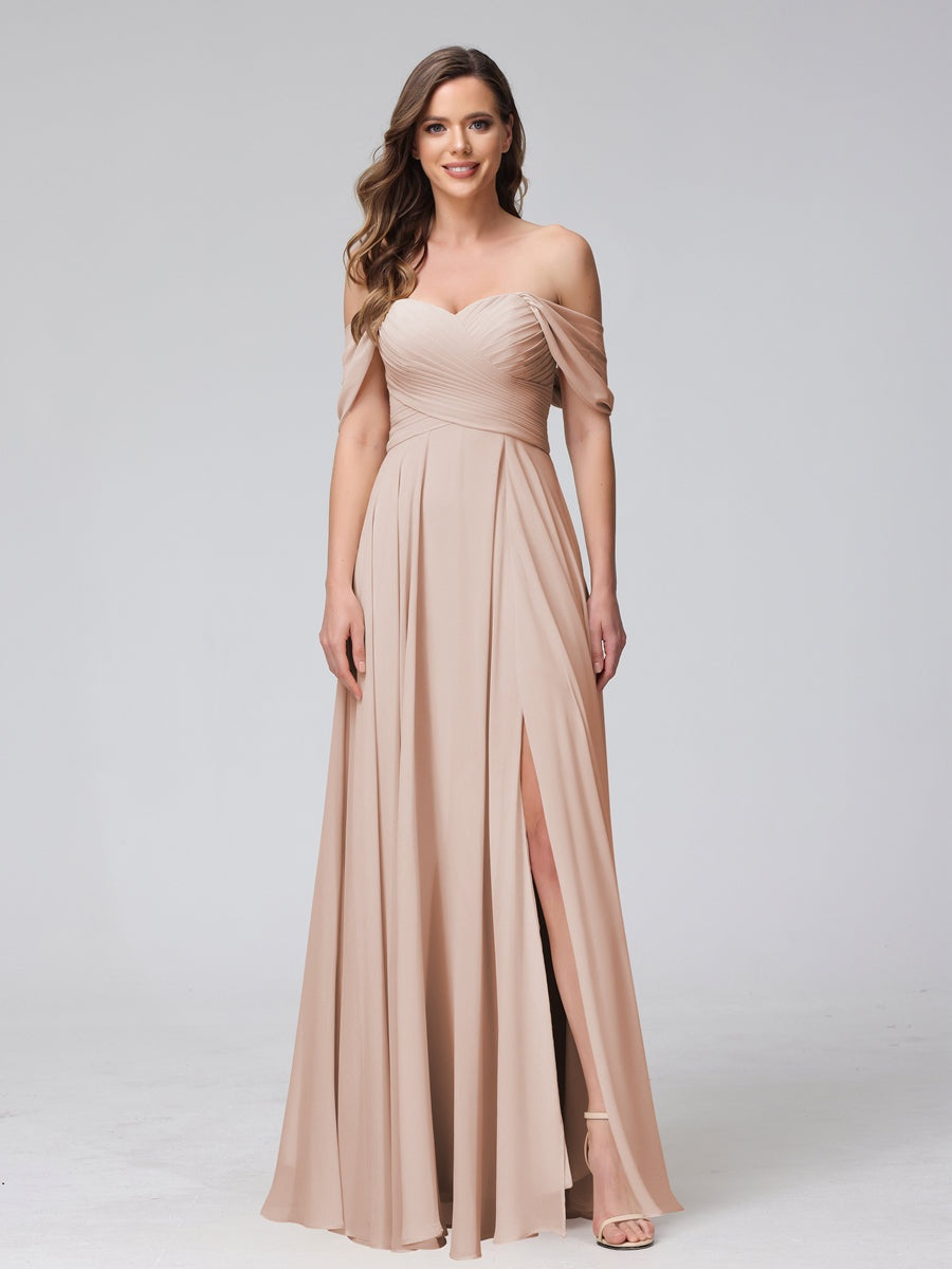 Princess A-Line Floor-Length Sleeveless Bridesmaid Dresses with Off-the-Shoulder Neckline, Side Split & Ruched Detail-BMbridal.UK