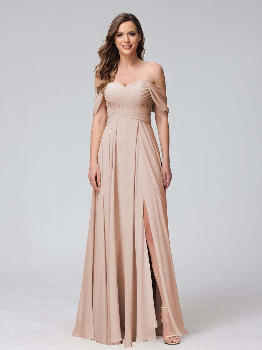 Princess A-Line Floor-Length Sleeveless Bridesmaid Dresses with Off-the-Shoulder Neckline, Side Split & Ruched Detail-BMbridal.UK