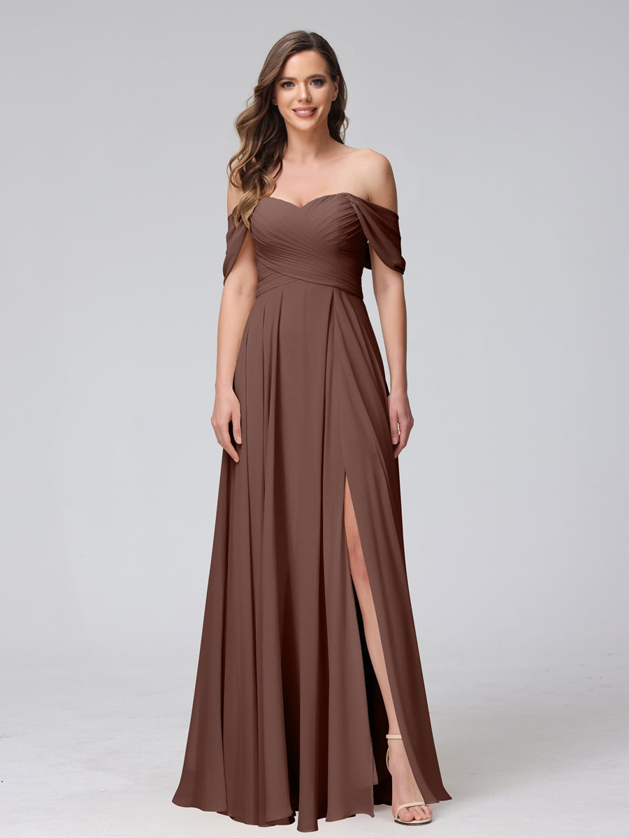 Princess A-Line Floor-Length Sleeveless Bridesmaid Dresses with Off-the-Shoulder Neckline, Side Split & Ruched Detail-BMbridal.UK