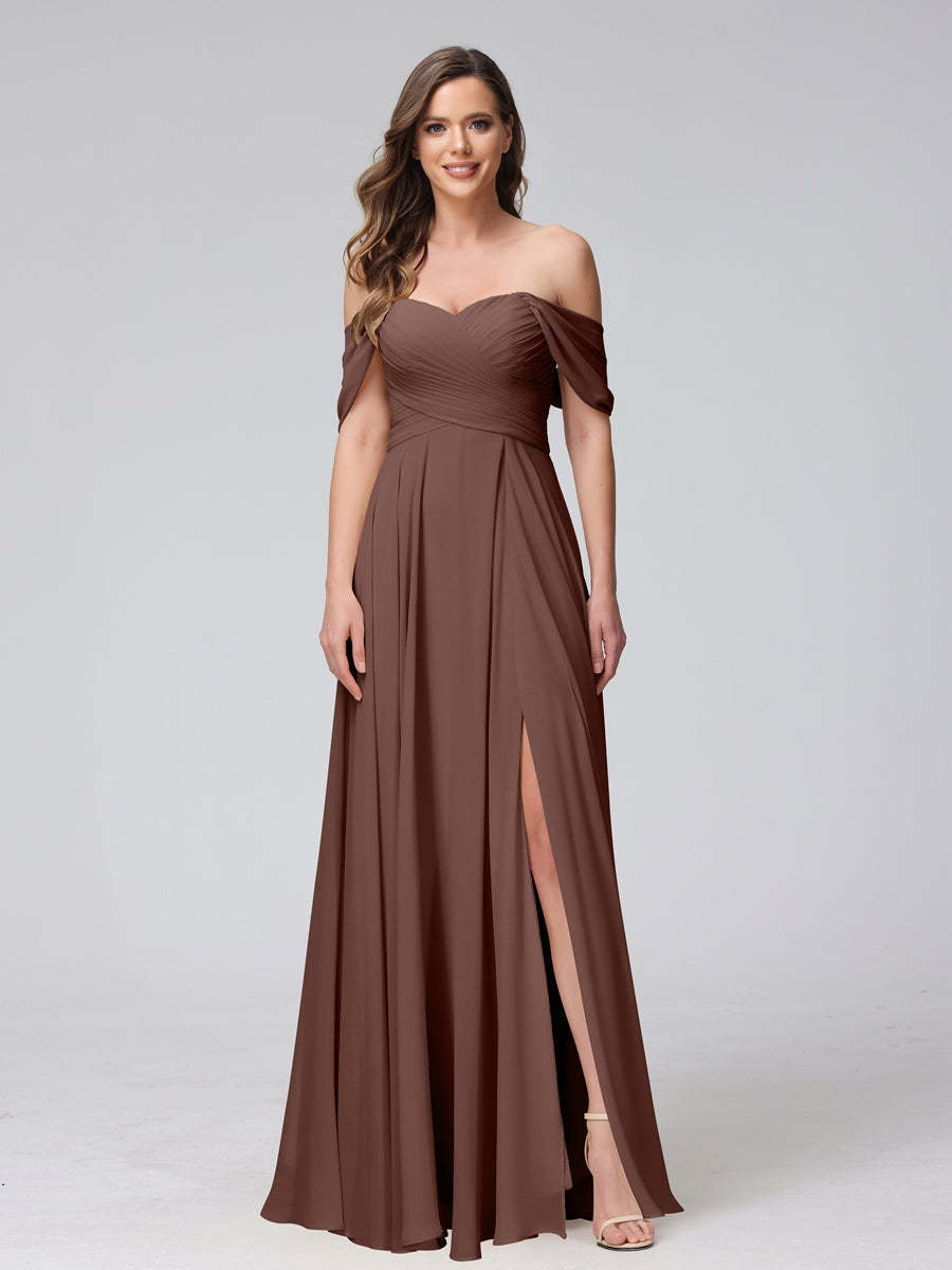 Princess A-Line Floor-Length Sleeveless Bridesmaid Dresses with Off-the-Shoulder Neckline, Side Split & Ruched Detail-BMbridal.UK