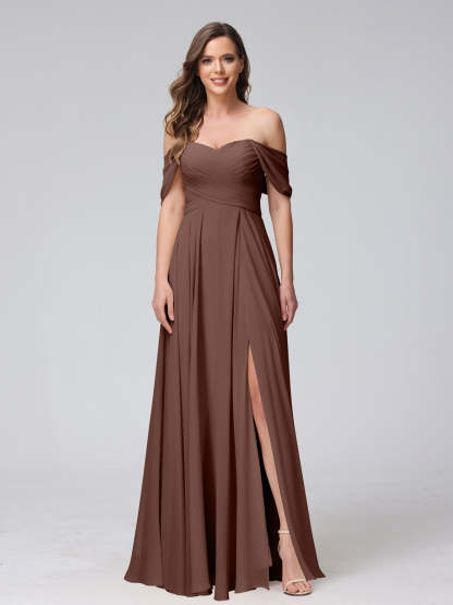 Princess A-Line Floor-Length Sleeveless Bridesmaid Dresses with Off-the-Shoulder Neckline, Side Split & Ruched Detail-BMbridal.UK