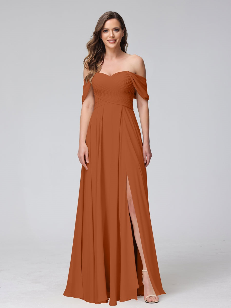 Princess A-Line Floor-Length Sleeveless Bridesmaid Dresses with Off-the-Shoulder Neckline, Side Split & Ruched Detail-BMbridal.UK
