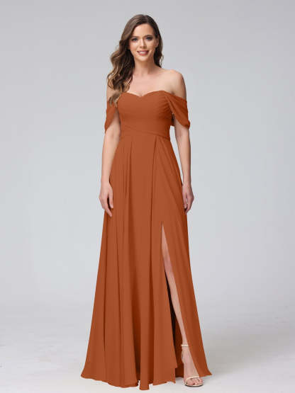 Princess A-Line Floor-Length Sleeveless Bridesmaid Dresses with Off-the-Shoulder Neckline, Side Split & Ruched Detail-BMbridal.UK