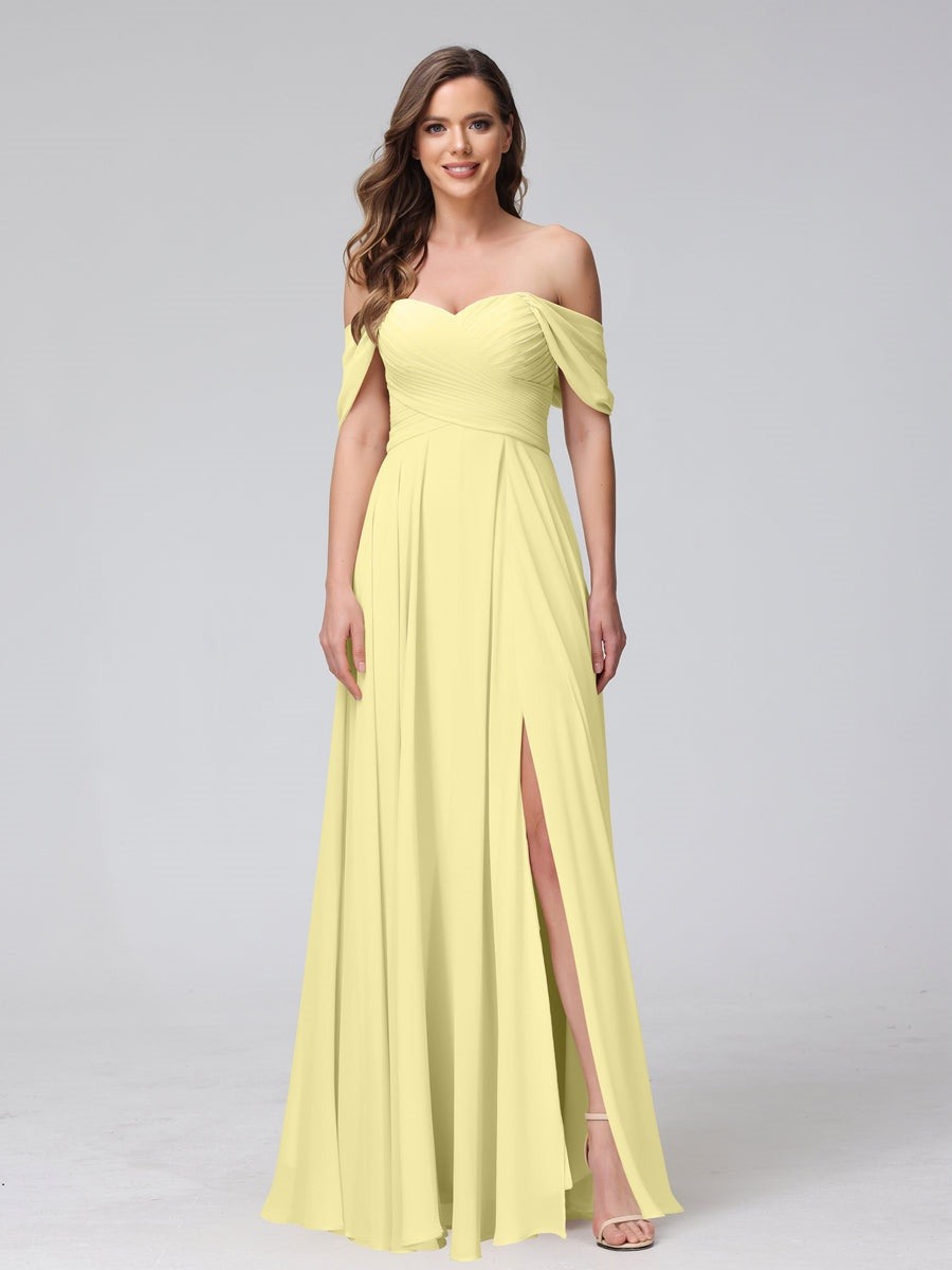 Princess A-Line Floor-Length Sleeveless Bridesmaid Dresses with Off-the-Shoulder Neckline, Side Split & Ruched Detail-BMbridal.UK