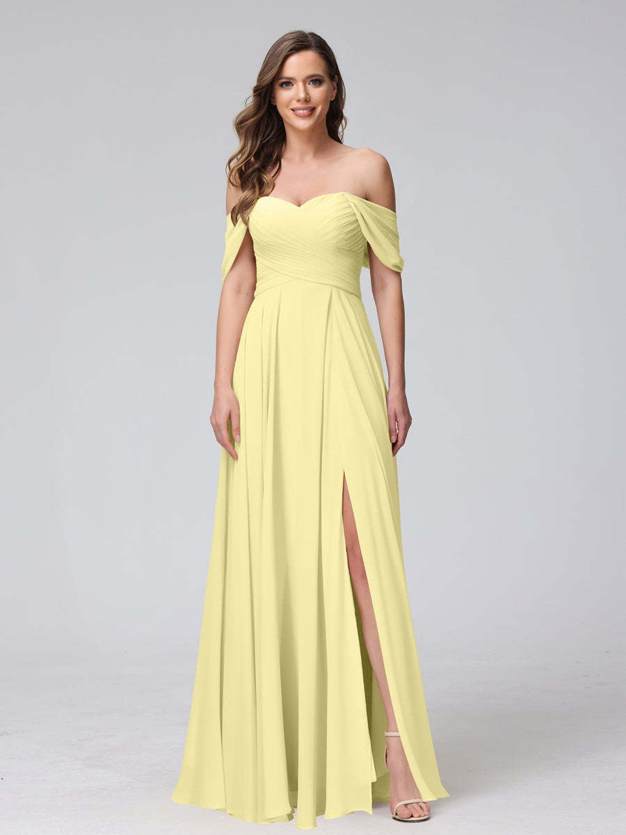 Princess A-Line Floor-Length Sleeveless Bridesmaid Dresses with Off-the-Shoulder Neckline, Side Split & Ruched Detail-BMbridal.UK