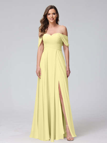 Princess A-Line Floor-Length Sleeveless Bridesmaid Dresses with Off-the-Shoulder Neckline, Side Split & Ruched Detail-BMbridal.UK