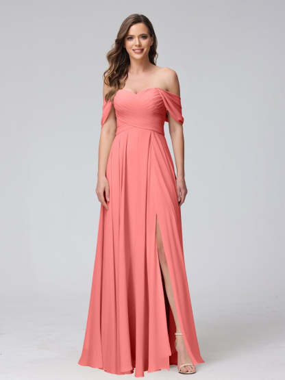 Princess A-Line Floor-Length Sleeveless Bridesmaid Dresses with Off-the-Shoulder Neckline, Side Split & Ruched Detail-BMbridal.UK
