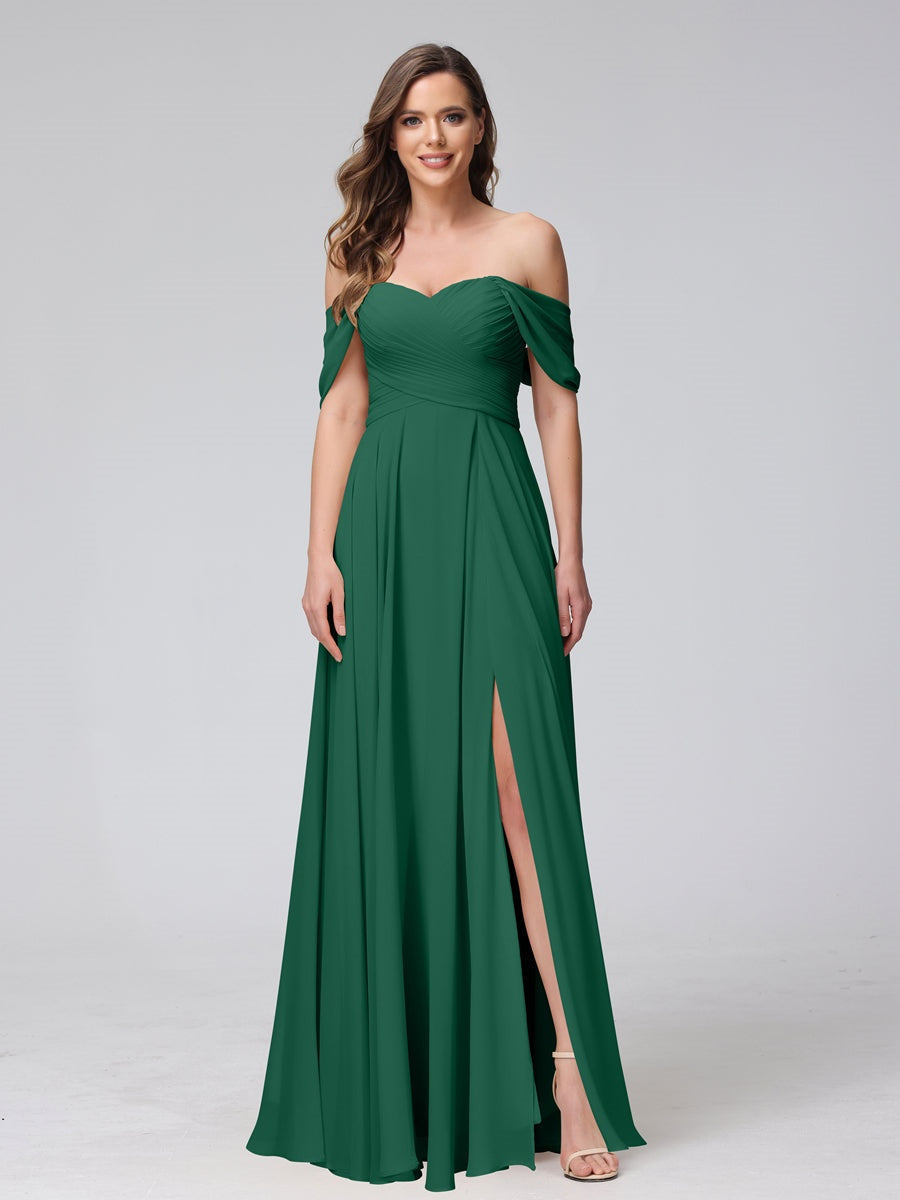 Princess A-Line Floor-Length Sleeveless Bridesmaid Dresses with Off-the-Shoulder Neckline, Side Split & Ruched Detail-BMbridal.UK