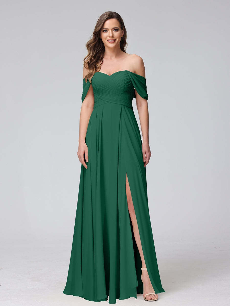 Princess A-Line Floor-Length Sleeveless Bridesmaid Dresses with Off-the-Shoulder Neckline, Side Split & Ruched Detail-BMbridal.UK