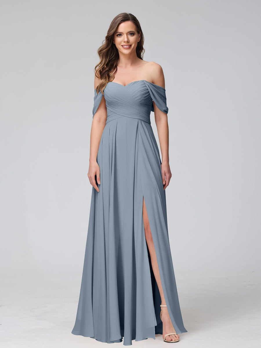 Princess A-Line Floor-Length Sleeveless Bridesmaid Dresses with Off-the-Shoulder Neckline, Side Split & Ruched Detail-BMbridal.UK