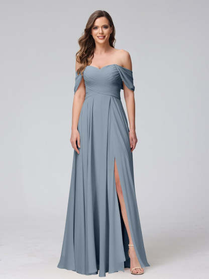 Princess A-Line Floor-Length Sleeveless Bridesmaid Dresses with Off-the-Shoulder Neckline, Side Split & Ruched Detail-BMbridal.UK