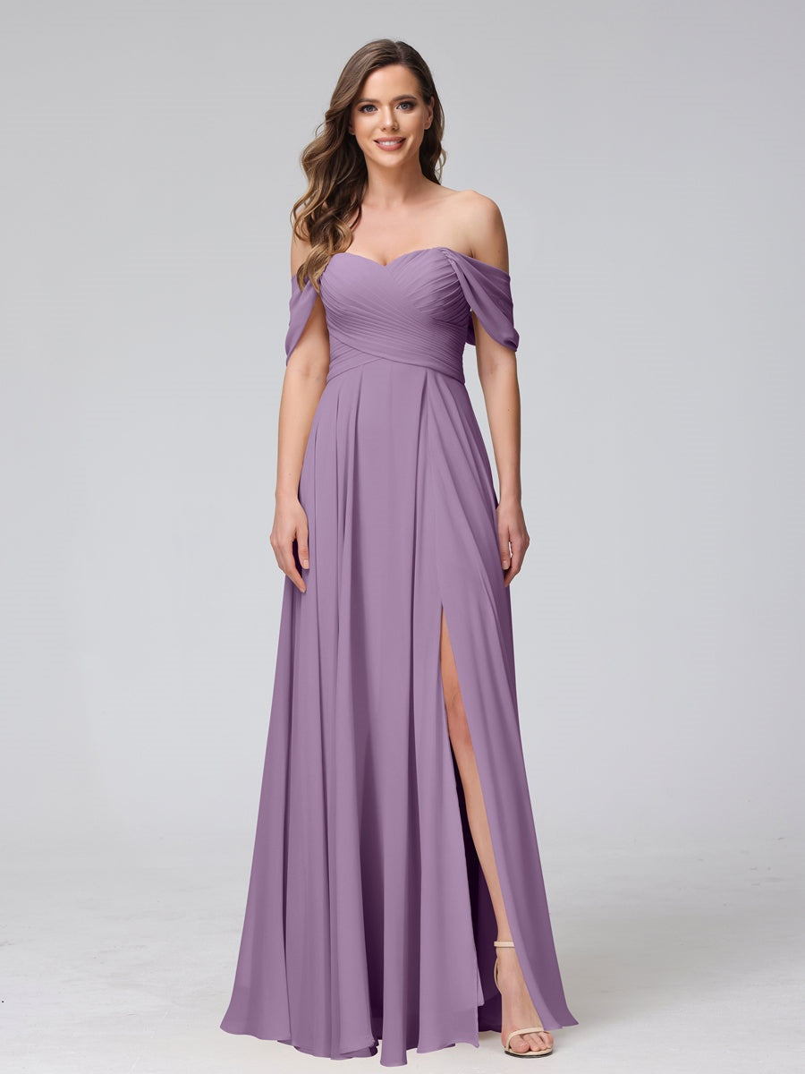 Princess A-Line Floor-Length Sleeveless Bridesmaid Dresses with Off-the-Shoulder Neckline, Side Split & Ruched Detail-BMbridal.UK