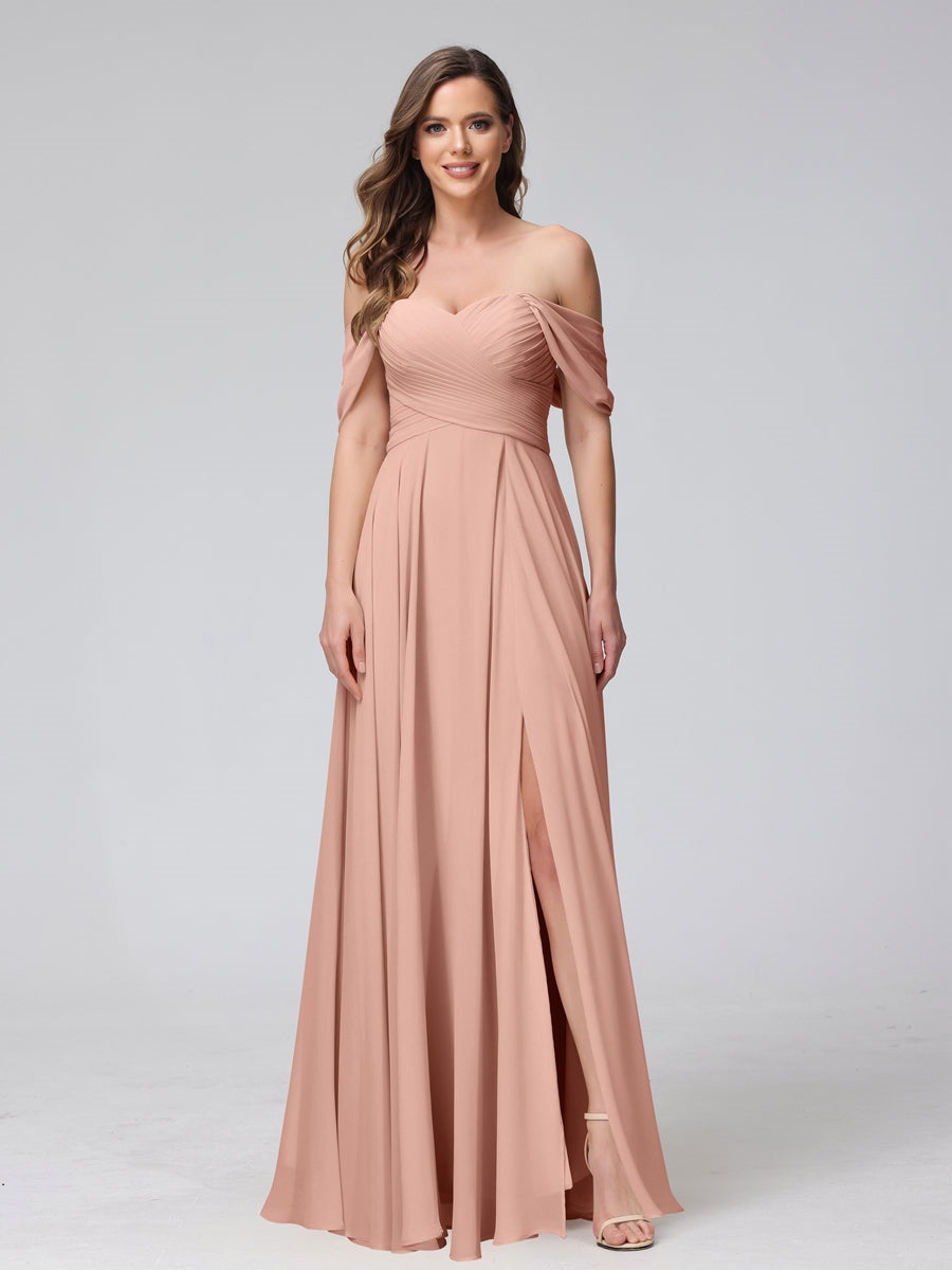 Princess A-Line Floor-Length Sleeveless Bridesmaid Dresses with Off-the-Shoulder Neckline, Side Split & Ruched Detail-BMbridal.UK