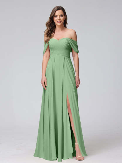 Princess A-Line Floor-Length Sleeveless Bridesmaid Dresses with Off-the-Shoulder Neckline, Side Split & Ruched Detail-BMbridal.UK