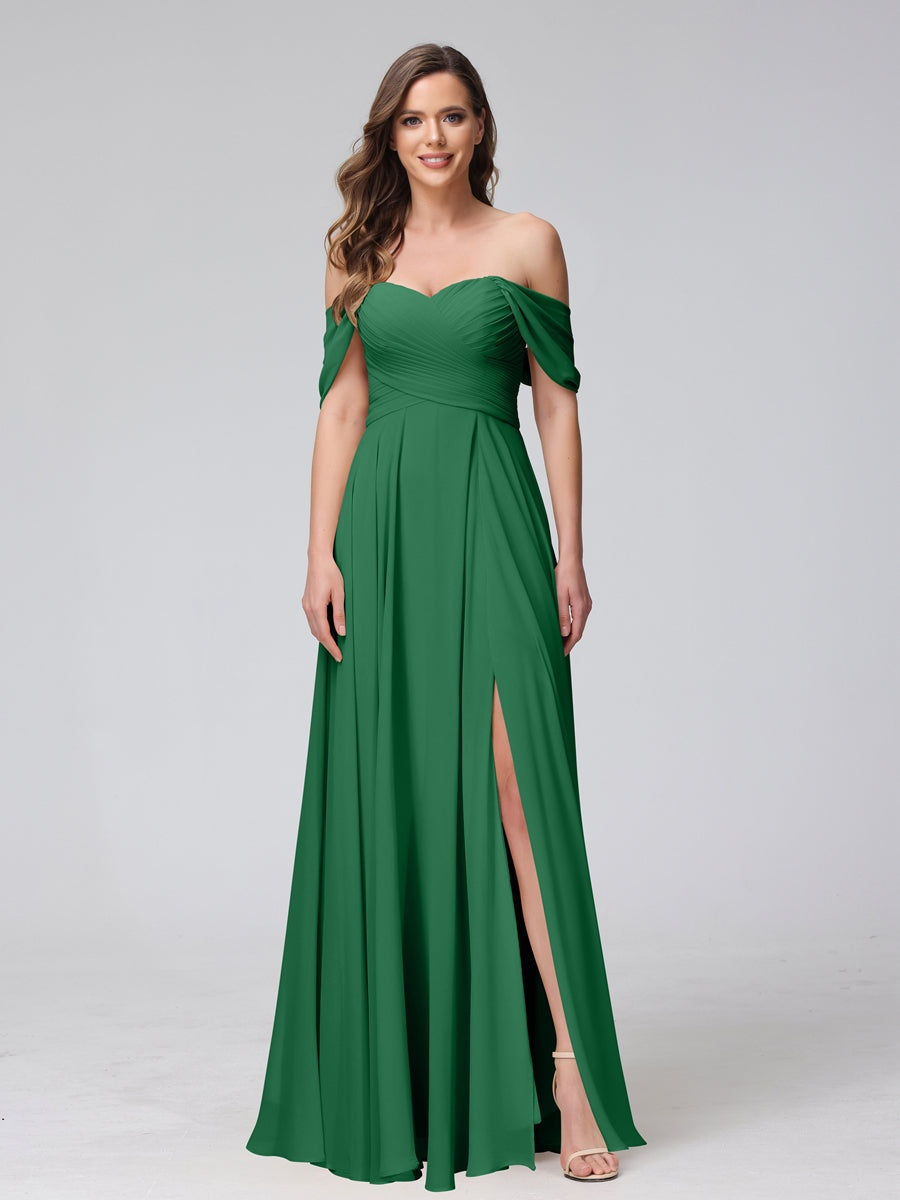 Princess A-Line Floor-Length Sleeveless Bridesmaid Dresses with Off-the-Shoulder Neckline, Side Split & Ruched Detail-BMbridal.UK