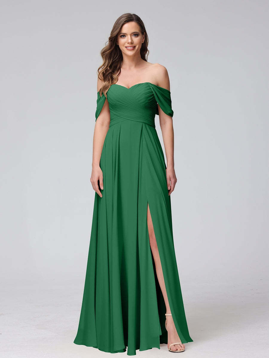 Princess A-Line Floor-Length Sleeveless Bridesmaid Dresses with Off-the-Shoulder Neckline, Side Split & Ruched Detail-BMbridal.UK