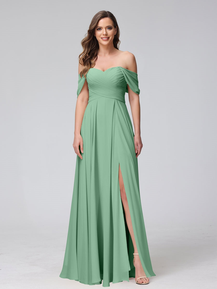 Princess A-Line Floor-Length Sleeveless Bridesmaid Dresses with Off-the-Shoulder Neckline, Side Split & Ruched Detail-BMbridal.UK