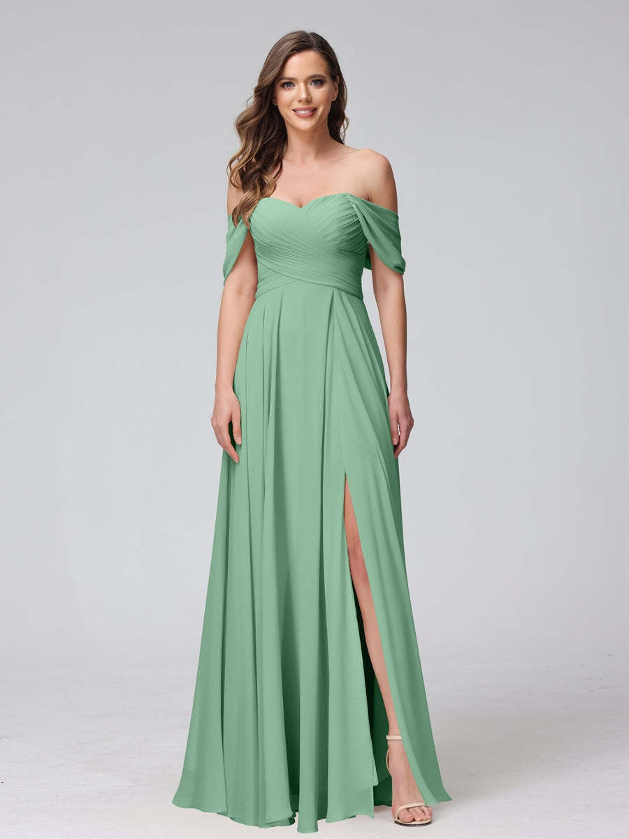 Princess A-Line Floor-Length Sleeveless Bridesmaid Dresses with Off-the-Shoulder Neckline, Side Split & Ruched Detail-BMbridal.UK