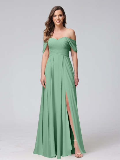 Princess A-Line Floor-Length Sleeveless Bridesmaid Dresses with Off-the-Shoulder Neckline, Side Split & Ruched Detail-BMbridal.UK