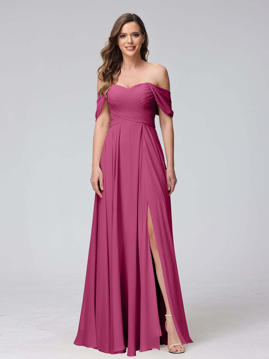 Princess A-Line Floor-Length Sleeveless Bridesmaid Dresses with Off-the-Shoulder Neckline, Side Split & Ruched Detail-BMbridal.UK