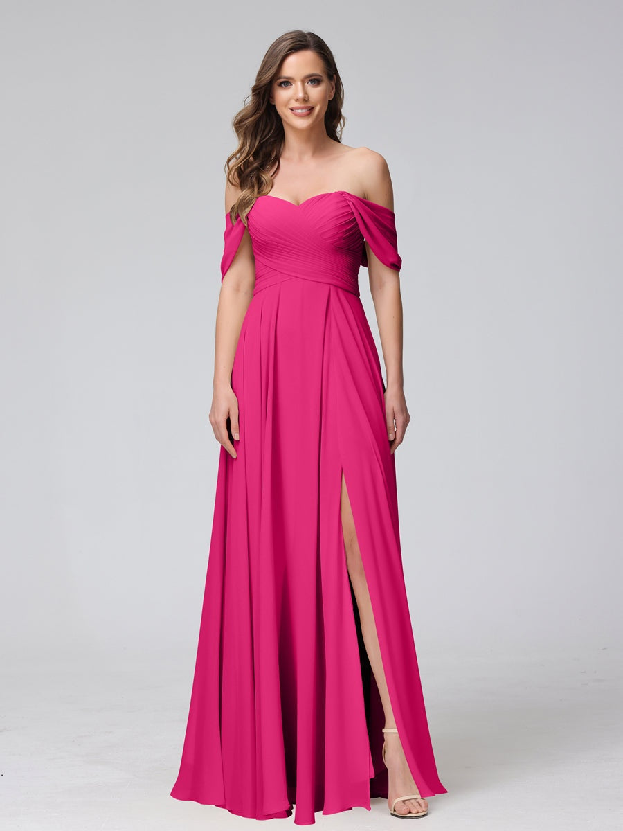Princess A-Line Floor-Length Sleeveless Bridesmaid Dresses with Off-the-Shoulder Neckline, Side Split & Ruched Detail-BMbridal.UK