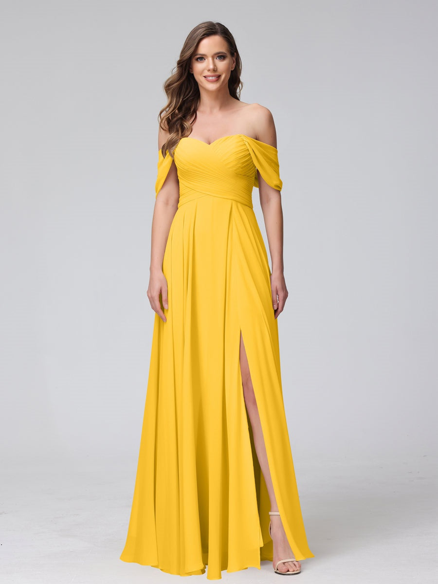 Princess A-Line Floor-Length Sleeveless Bridesmaid Dresses with Off-the-Shoulder Neckline, Side Split & Ruched Detail-BMbridal.UK