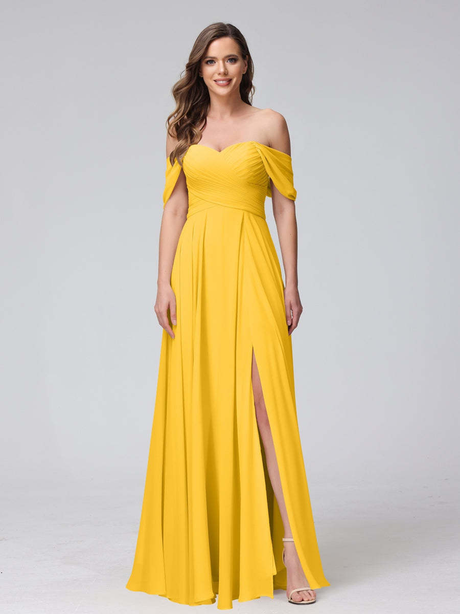 Princess A-Line Floor-Length Sleeveless Bridesmaid Dresses with Off-the-Shoulder Neckline, Side Split & Ruched Detail-BMbridal.UK