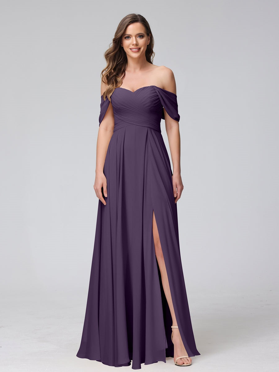Princess A-Line Floor-Length Sleeveless Bridesmaid Dresses with Off-the-Shoulder Neckline, Side Split & Ruched Detail-BMbridal.UK