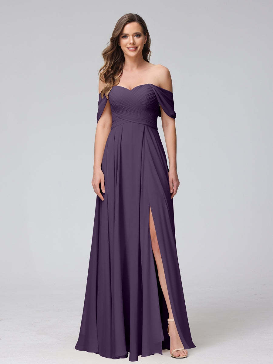 Princess A-Line Floor-Length Sleeveless Bridesmaid Dresses with Off-the-Shoulder Neckline, Side Split & Ruched Detail-BMbridal.UK