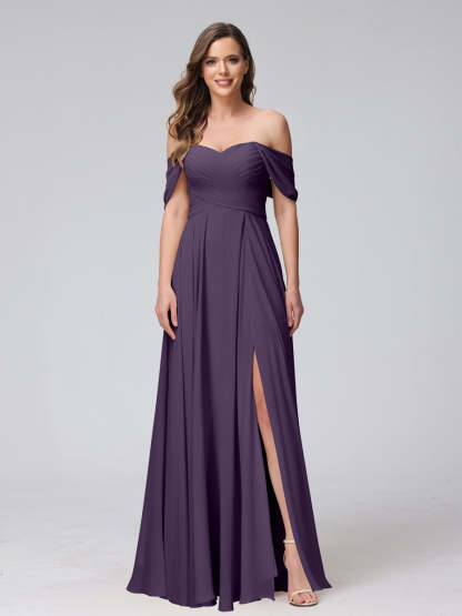 Princess A-Line Floor-Length Sleeveless Bridesmaid Dresses with Off-the-Shoulder Neckline, Side Split & Ruched Detail-BMbridal.UK