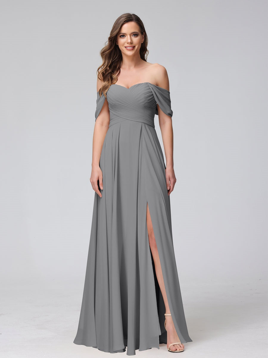 Princess A-Line Floor-Length Sleeveless Bridesmaid Dresses with Off-the-Shoulder Neckline, Side Split & Ruched Detail-BMbridal.UK