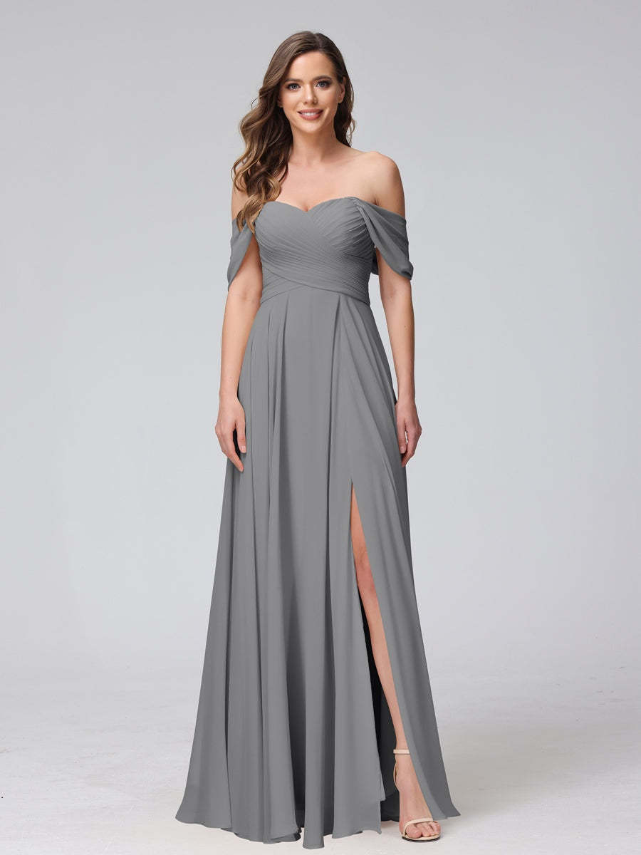Princess A-Line Floor-Length Sleeveless Bridesmaid Dresses with Off-the-Shoulder Neckline, Side Split & Ruched Detail-BMbridal.UK