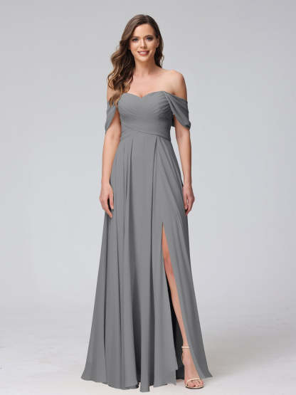 Princess A-Line Floor-Length Sleeveless Bridesmaid Dresses with Off-the-Shoulder Neckline, Side Split & Ruched Detail-BMbridal.UK